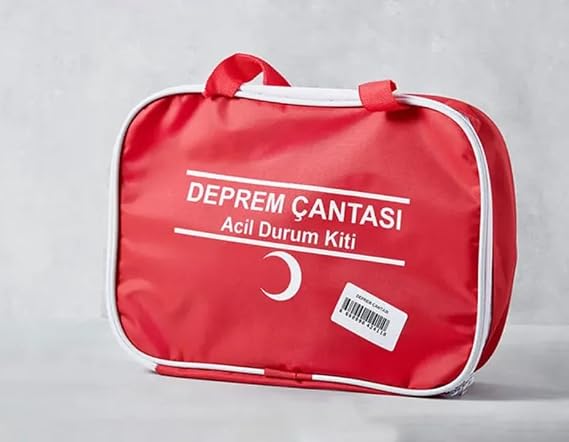 Doğal Eczane Deprem Çantası, Yönetmeliğe Uygun, 38 Parça İlk Yardım Malzemesi, Kırmızı, Su Geçirmez Polyester, 30x25 cm