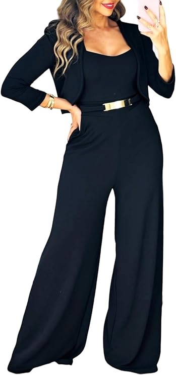 CHICME Women's 2 Piece Outfit Wide Leg Jumpsuit Crop Jacket Set