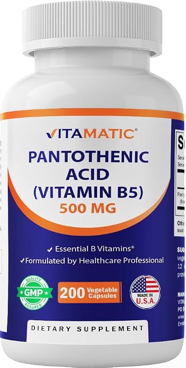 Vitamatic Pantothenic Acid (Vitamin B5) 500 mg, 200 Vegetarian Capsules | Supports Energy Metabolism*, Coenzyme Production*, Nutrient Metabolism, Non-GMO, Gluten Free, Made in USA