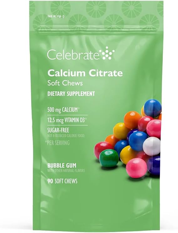Celebrate Vitamins Bariatric Calcium Chews 500 Mg with Vitamin D3, 3 Months Supply (90 Chews) for Gastric Sleeve & Bypass, Bone Health Support, Sugar & Gluten Free, Bubble Gum