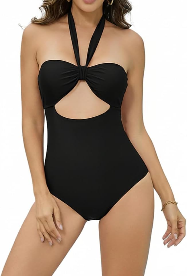 Womens Halter One Piece Swimsuit Tummy Control Bathing Suit with Cutout Swimwear