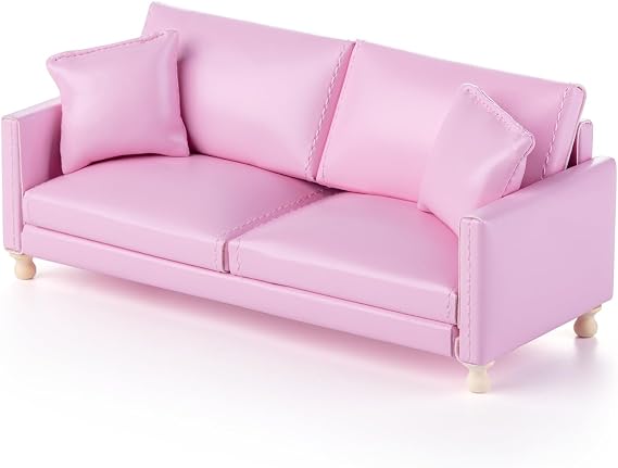 1:12 Dollhouse Furniture Leather Double Sofa with Pillows (Pink)