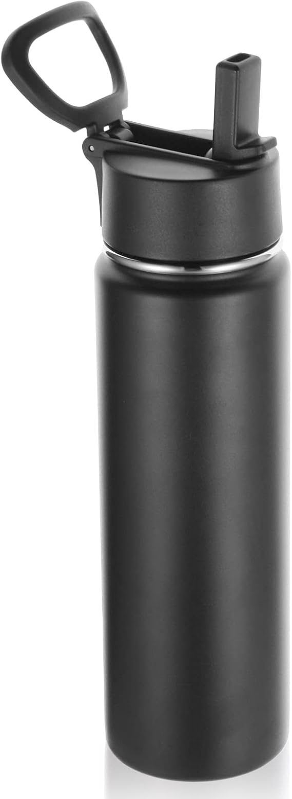 Volhoply 22 oz Insulated Water Bottles with Straw Lid, Stainless Steel Sports Bottle with Handle, Double Walled Metal Travel Water Cups with Wide Mouth, Reusable Water Flask for School(Black,1 Set)