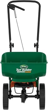 Scotts Turf Builder EdgeGuard Mini Broadcast Spreader - Spreader for Lawn Fertilizer, Weed & Insect Control, Grass Seed, and Ice Melt, Holds Up to 15,000 sq. ft. of Product