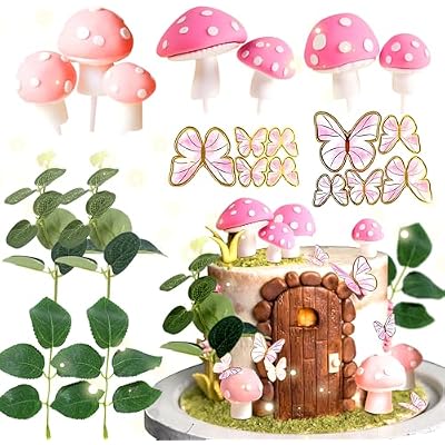JeVenis Fairy Cake Toppers Fairy Cake Decoration Pink Mushroom Door Butterfly Flowers Cake Decoration Fairy Garden Topper for Fairy Party Supplies Fairy Party Favors