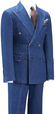 HZUOU Mens Fashion Denim Suits Slim Fit 2 Pieces Double-Breasted Peak Lapel Casual Daily Wear Party Suits HZ03