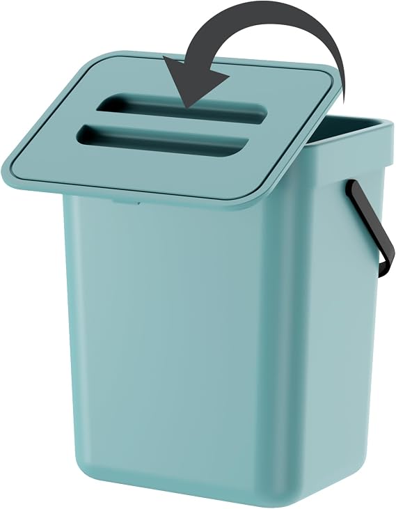 Compost Bin Kitchen, for use on Countertops or Under Sinks, Hanging Trash Can with Lid, for Cupboard/Bathroom/Bedroom/Office/Camping, Mountable Indoor Compost Bucket(Blue 1.3 Gallon/5L)