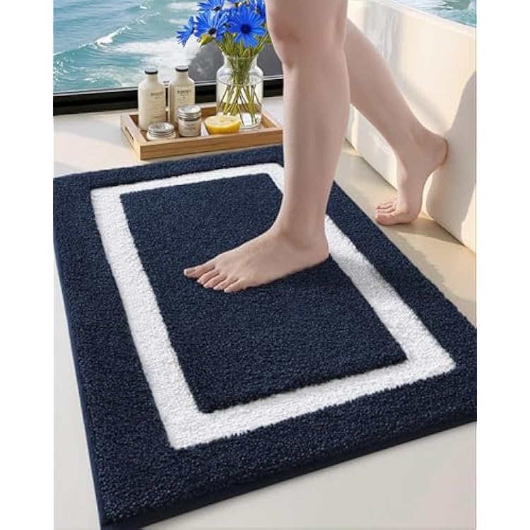 Color&Geometry Navy Blue Bathroom Rugs 36x24, Extra Soft Absorbent Microfiber Bath Rugs, Non-Slip Bathroom mat, Washable Plush Bath Mats for Bathroom, Shower, Bathtub, Laundry, Blue White