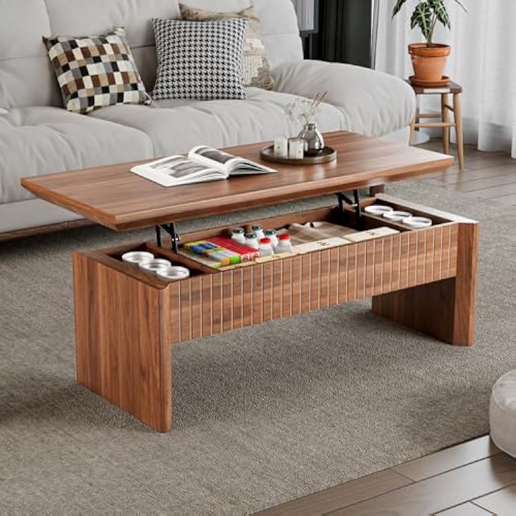 Lift Top Coffee Table with Storage, Mid Century Modern Coffee Table with Hidden Compartment, Fluted Wood Rectangle Center Table for Living Room, Home Office, Walnut Walnut, 42.5 W