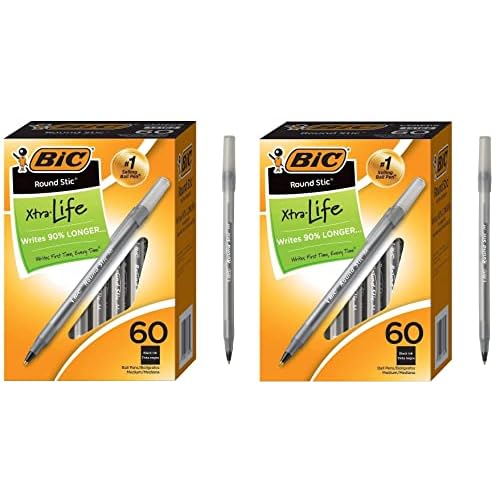 BIC Round Stic Xtra Life Ballpoint Pens, Medium Point 1.0mm, Black, 60-Count Pack, Flexible Round Barrel For Writing Comfort GSM609-BLK - Pack of 2