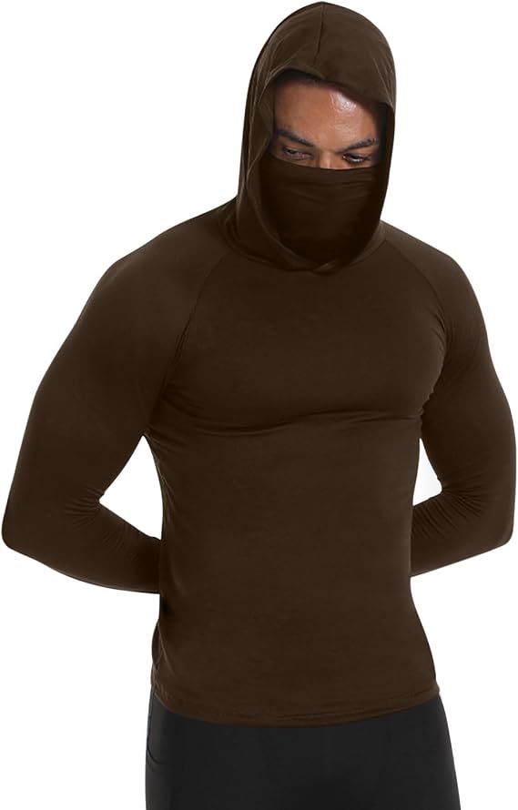 Mens Compression Thermal Shirts Hoodie with Mask Long Sleeve Winter Sports Base Layer Top Active Running Sun Shirt