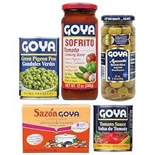 Goya Puerto Rican Pantry Essentials 5-Pack Sofrito Tomato Cooking Base, Green Pigeon Peas, Sazon with Coriander & Annatto, Manzanilla Olives with Pimientos, Pantry Staples for Rice Dishes, Beans, Stews