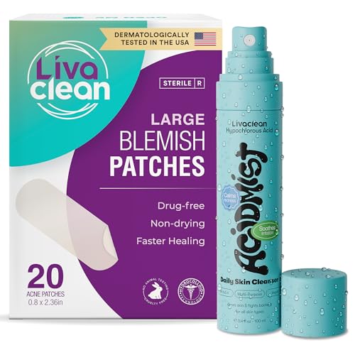 LivaClean 20 CT Large Hydrocolloid Acne Patches & Hypochlorous Acid Spray for Face & Body