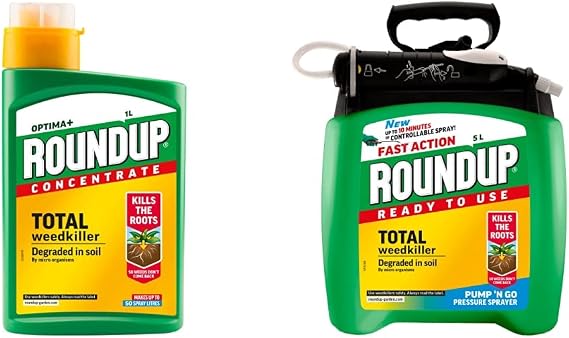 Roundup Optima+ Total Weedkiller, Concentrate, 1 Litre & Fast Action Weedkiller Pump 'N Go Ready To Use Spray, 5 Litre