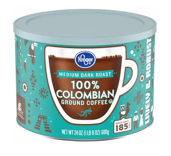 Kroger 'Lively and Robust' Medium-Dark-Roast 100% Colombian Ground Coffee, 24 Oz Resealable Can, 1 Pack - Makes 185 Cups!