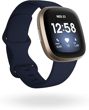 Fitbit Versa 3 Health & Fitness Smartwatch with GPS, 24/7 Heart Rate, Alexa Built-in, 6+ Days Battery, Midnight Blue/Gold, One Size S & L Bands Included