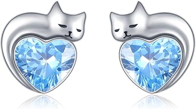 Dreamboat Sterling Silver Cat Birthstone Heart Stud Earrings for Women