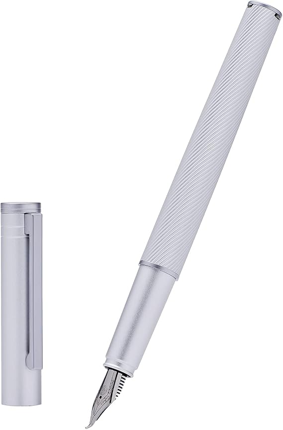 Hongdian H1 Silver Aluminum Fountain Pen Fude Nib, Smooth Writing Instrument Bent Nib with Converter and Pen Case Set