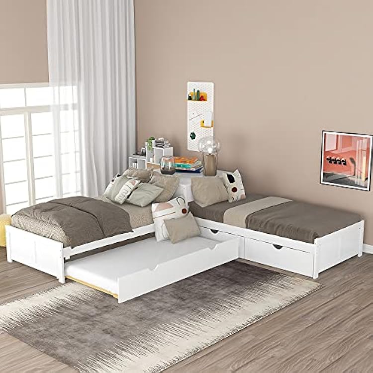 Harper & Bright Designs L-Shaped Platform Twin Bed Frame with Trundle and Drawers Linked with Built-in Desk for Kids Boys Girls, Twin, White