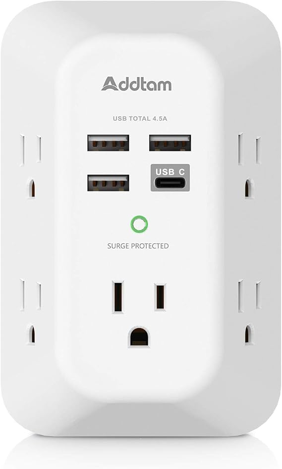 Addtam Surge Protector Outlet Extender with 5 AC and 4 USB Ports, 4.5A