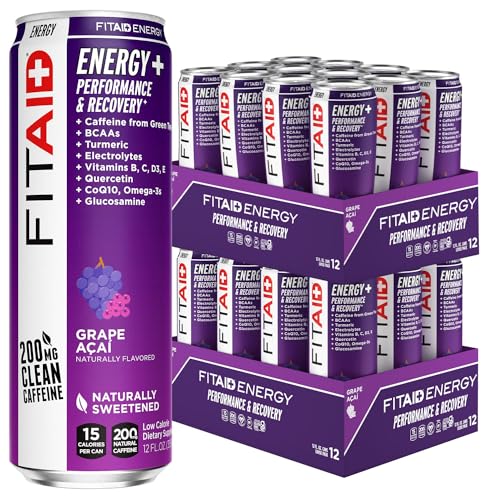 LIFEAID FITAID Energy Grape ACAI 200mg Natural Caffeine Keto Pre-Workout Performance: BCAA Quercetin Electrolytes Omega-3s 15 Calories Paleo Vegan & Gluten-Free12-oz Pack of 24 - Packaging May Vary