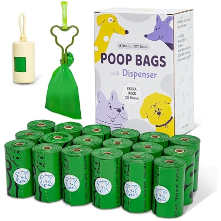 270 Count Scented Dog Poop Bags Rolls, 20 Micron Ultra Thick, Heavy Duty Tear Resistant Leak Proof for Yuck-Free Cleanup, Includes Dispenser & Leash Clip, 9 x 13 Inch, Duty Doodle Green