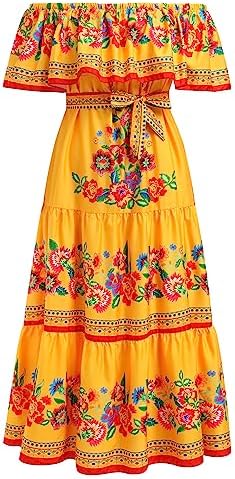 Women Mexican Dress Off Shoulder Floral Long Maxi Dress Summer Beach Party Cinco de Mayo Dresses with Belt