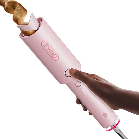 TYMO Automatic Rotating Curling Iron, TYMO CURLPRO Beach Waves Hair Curler | 500 Million Ionic Curling Wand, Dual Voltage, Portable Lightweight for Travel, Ceramic Coating, 1 1/4 Inch, Pink