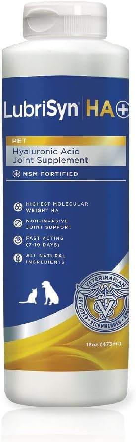 LubriSyn HA Hyaluronic Acid Hip & Joint Supplement Plus MSM for Dogs & Cats, Vet-Developed Oral Liquid HA for Pets Supports Mobility, Cartilage & Comfort, 16 oz