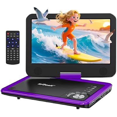 ieGeek Portable DVD Player 12.5, with 10.5 HD Swivel Screen, Car Travel DVD Players 5 Hrs Rechargeable Battery, Region-Free Video Player for Kids Elderly, Remote Control, Sync TV, USB&SD, Purple