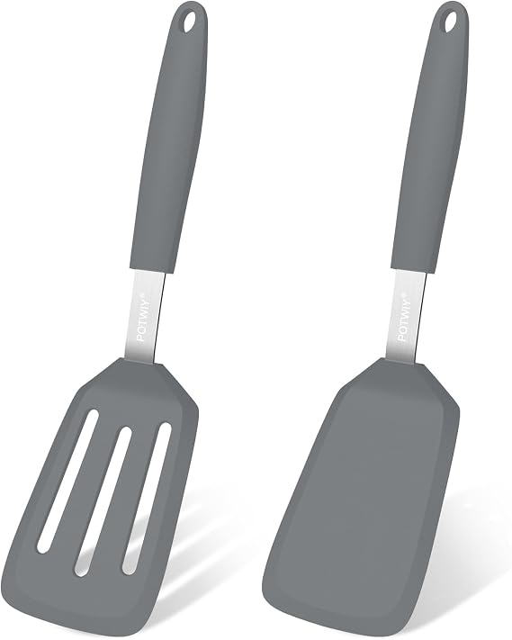 2 Pack Silicone Kitchen Spatula Set, 600F Heat Resistant (Gray) | BPA Free, Solid & Slotted Turner, Non-Toxic Cooking Utensils, Safe for Non Stick Frying Pan, Dishwasher Safe