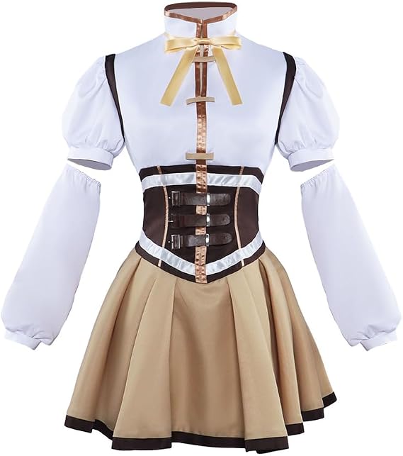 Women Mami Tomoe Cosplay Costume Dress Uniform Outfit Full Set with Gloves Sleeves Bow Halloween Dress Up Suit