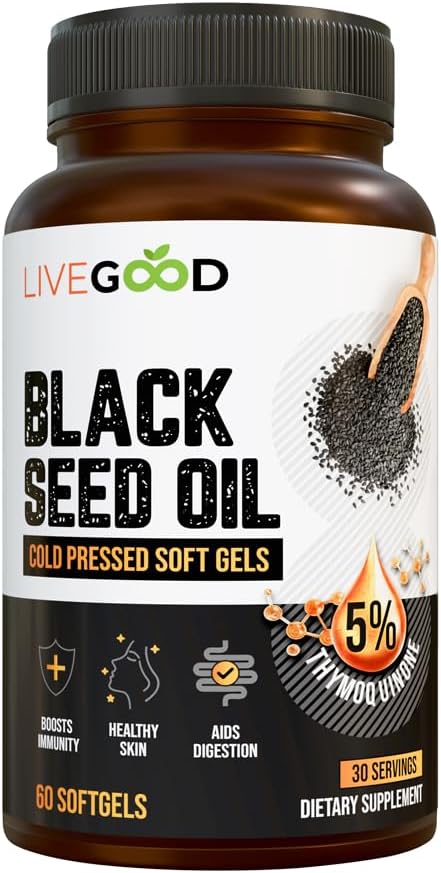 LIVEGOOD Black Seed Capsules, Cold Pressed Black Cumin Seed Supplement for Immune and Hormone Support, Blackseed Extract from Nigella Sativa (60 Count)