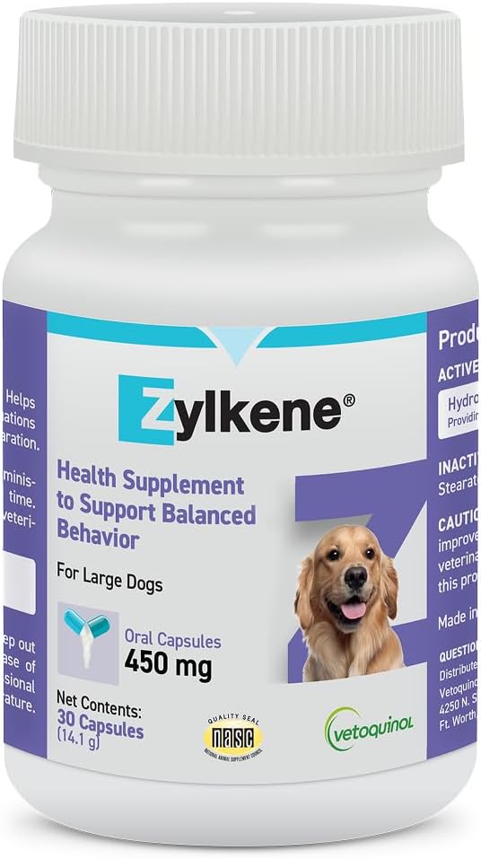 Vetoquinol Zylkene Calming Support Supplement for Large Dogs 33-132lbs, Promotes Relaxation, Reduces Stress, and Supports Occasional Anxiety Relief for Dogs, 450mg - 30 Capsules