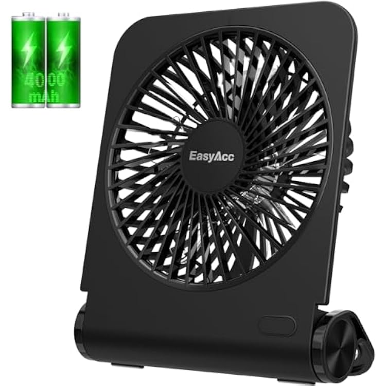 EasyAcc Small Travel Desk Fan, 4000 mAh Slim Portable Fan for Slumber Pod Camping, 180Tilt Folding, Fully Foldable, Rechargeable, Office Desktop Desk Camping Travel Accessories