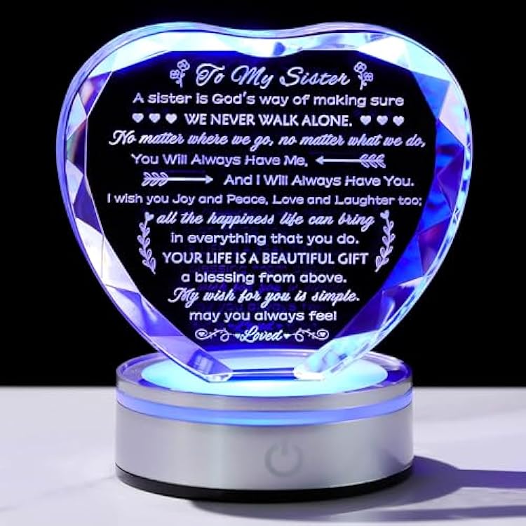 Movdyka Sister Birthday Gifts Crystal Keepsake with LED Base, Laser Engraved Sister Gifts from Sister, Soul Sister Gifts for Women, Unique Big Sister Gifts for Girls, Best Sister Ever Gifts