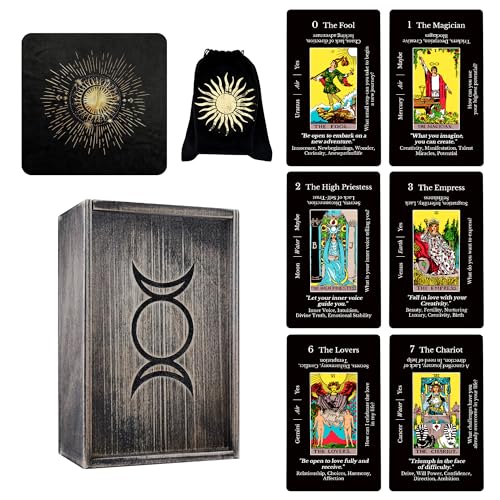 CRAFTERIAN Deluxe Set of Learning Tarot Cards, Dark Wooden Box, Cloth and Bag. 78 Tarot Deck, Original Tarot Cards for Beginners and Experts with Guide Book.