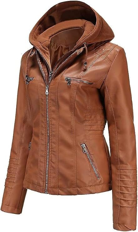 Women's Hooded Leather Jacket | Biker Zipper Antique Hood Jacket |Detachable Hood Leather Jacket