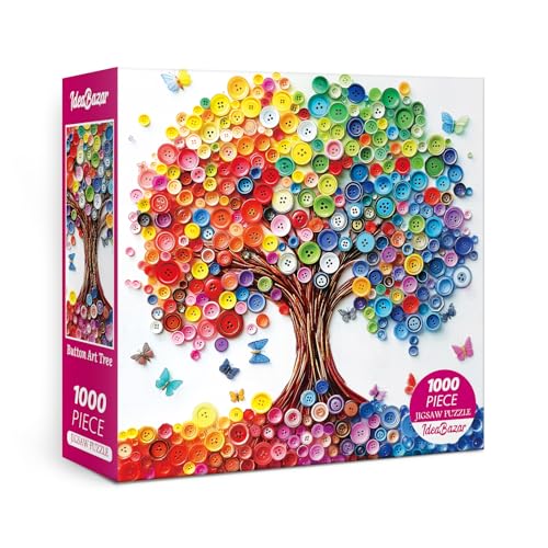Colorful Button Art Tree Puzzles for Adults 1000 Pieces Nature, Beautiful Rainbow Butterfly Challenging Jigsaw Puzzles, Pretty Spring Landscape Fantasy Puzzle