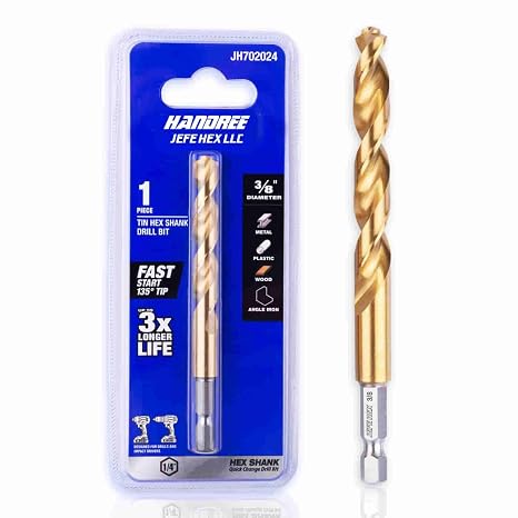 JEFE HEX 3/8" Inch Hex Shank with Titanium Coating Twist Drill Bits, 135 Degree Easy Cut Split Point for Steel, Copper, Aluminum, Zinc Alloy, Wood