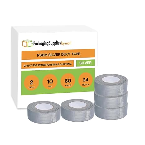 PSBM Silver Duct Tape, 24 Rolls, 10 Mil Thick, 1.88 Inch Wide, 60 Yards Per Roll, Total 1440 Yards, Heavy Duty, Waterproof, All-Weather, Perfect for Repairs, Patching, Bundling & Sealing