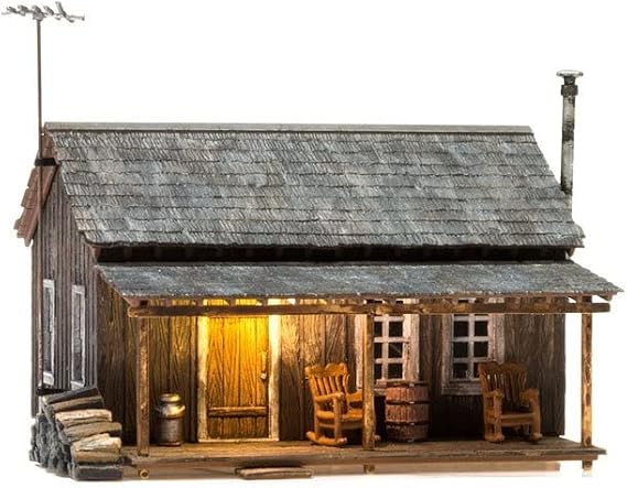 Woodland Scenics Rustic Cabin - N Scale Model Train Cabin - Cottage Theme - Brown Wood - Includes 15" Wires with Just Plug Connector, Pre-installed Warm White Nano LED Porch Light