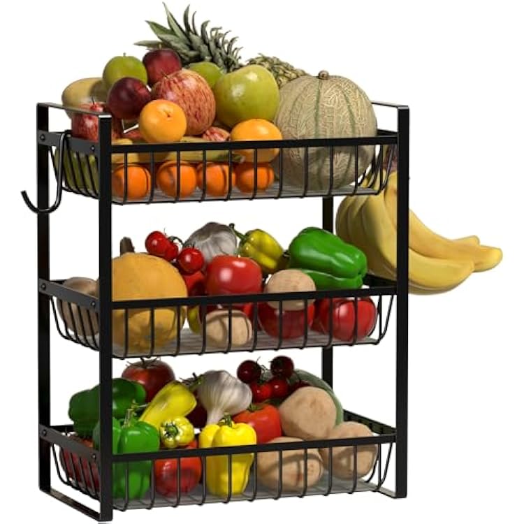 Fruit Basket for Kitchen Counter,Fruit Bowl,Countertop Organizer for Onion Bread and Snack Storage,Heavy Duty Metal Fruit Stand Holder with Liners 3 Tier