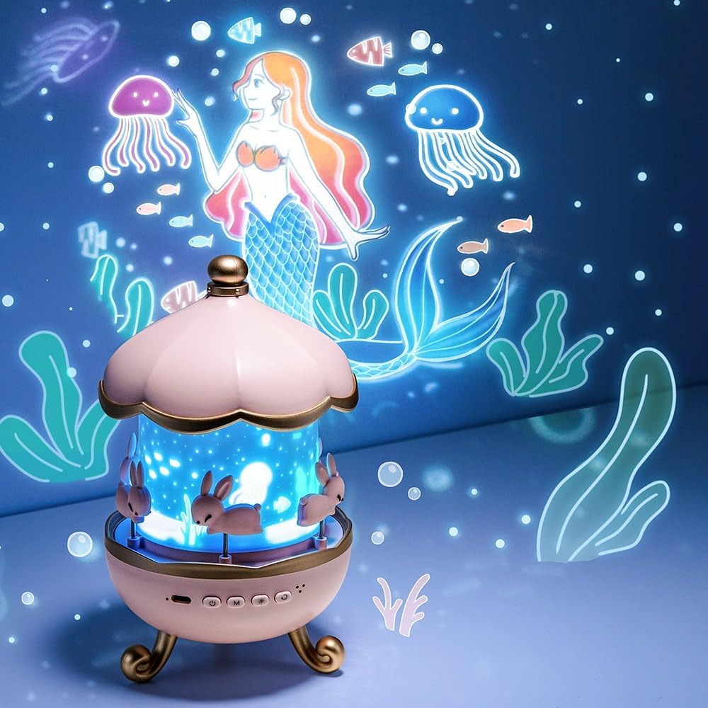 Coverzone Bunny’s Carousel Gece Lambası Projeksiyonlu Müzikli Atlıkarınca Tasarım | Kablolu 5V USB Çalışma | Tavşan Figürlü Döner Işıklı Çocuk Odası Yıldız Tavan Projektör Gece Işığı | WH-E11 [Enerji Sınıfı A]