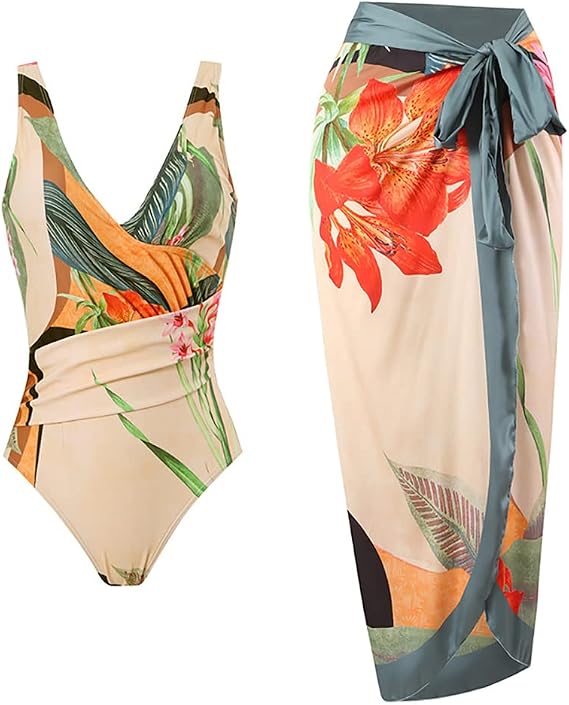 Women's One Piece Swimsuit with Beach Cover up Wrap Skirt Sarong Retro Floral Print Bikini Set Two Piece Bathing Suit