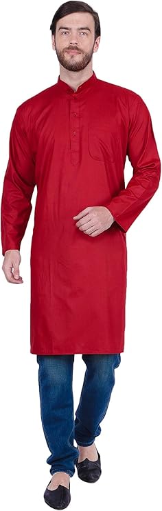 Maple Clothing Men's Cotton Long Kurta Solid Color Indian Traditional Clothes