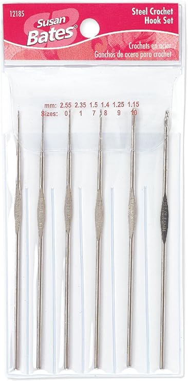 Susan Bates Steel Crochet Hook Set 12185 Sizes 0, 1, 7, 8, 9, 10-2.55mm, 2.35mm, 1.50mm, 1.40mm, 1.25mm, 1.15mm