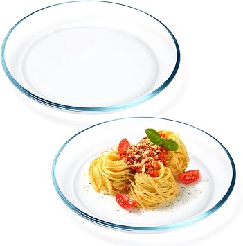 NUTRIUPS 2 Pack 9 inch Glass Plates - with Lipped Edge - Clear Tempered Glass Dinner Plates, Glass Serving Dinnerware for Pasta, Salad, Dishwasher and Microwave Safe