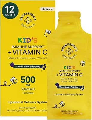 Kids Immune Liposomal Vitamin C by Beekeepers Naturals, 500 mg Vitamin C, Elderberry, Vitamin D, Propolis & Honey, Kid-Friendly Immune Support - Mixed Berry Flavor, Easy to Use, Bioavailable, 12 Ct