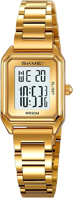 MASTOP Gold Digital Watch for Women Square Stainless Steel LED Watch
